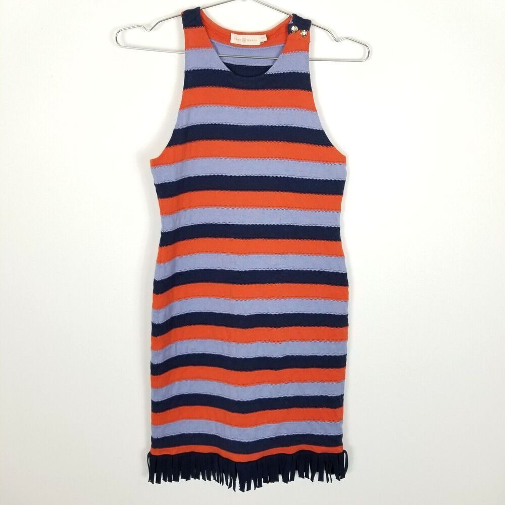 Tory Burch Women Ariana Sleeveless Striped Mini Dress Size XS Fringe Striped